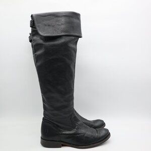 Frye Over The Knee Black Leather Fold Women’s Size 6 B High Riding Boots 77739